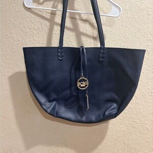 BCBG Navy Pebbled Leather Tote with Gold Logo Charm